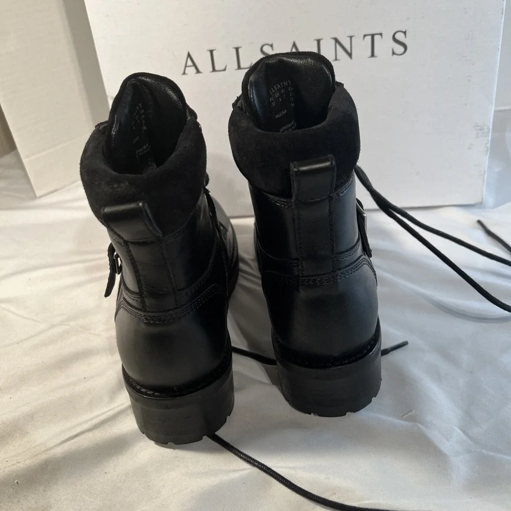 NIB‎ ALLSAINTS Paulina Black Leather Moto Biker Chunky Boots Lace Up Size 7 US